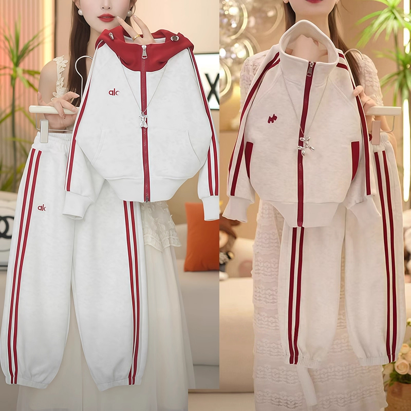 女童连帽拉条运动套装2025新款春秋款开衫外套休闲卫衣束脚卫裤潮