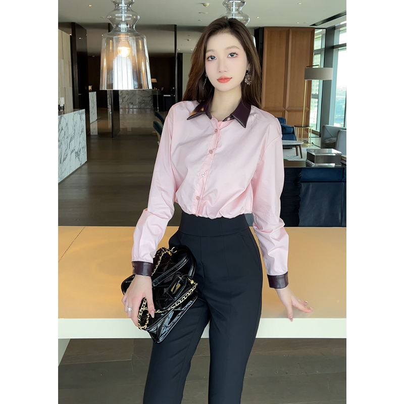 格润雅拼接独特御姐范短款衬衫上衣2025新款小众显瘦设计感喇叭裤