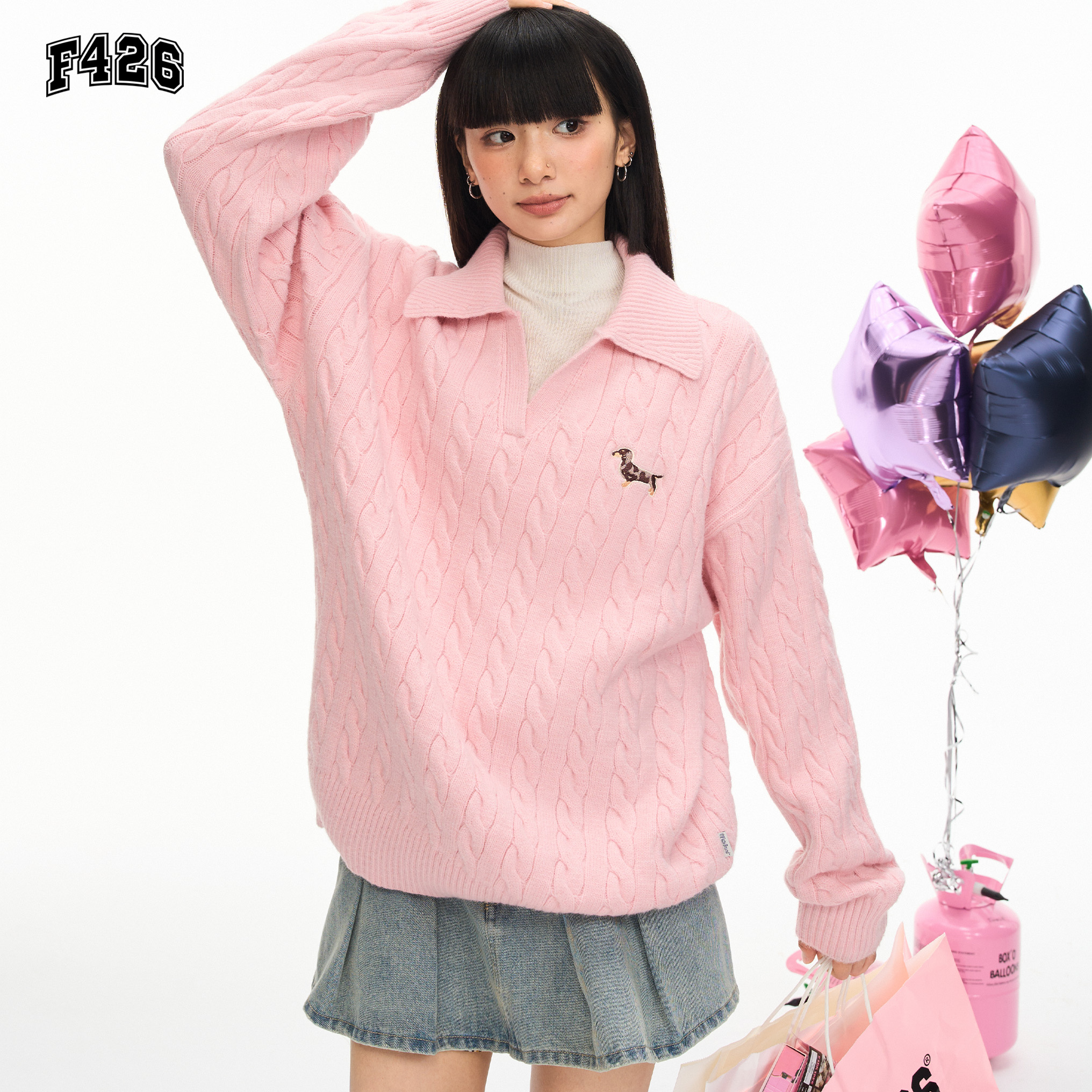 F426国潮秋季新款腊肠狗V领麻花毛衣7183 XH