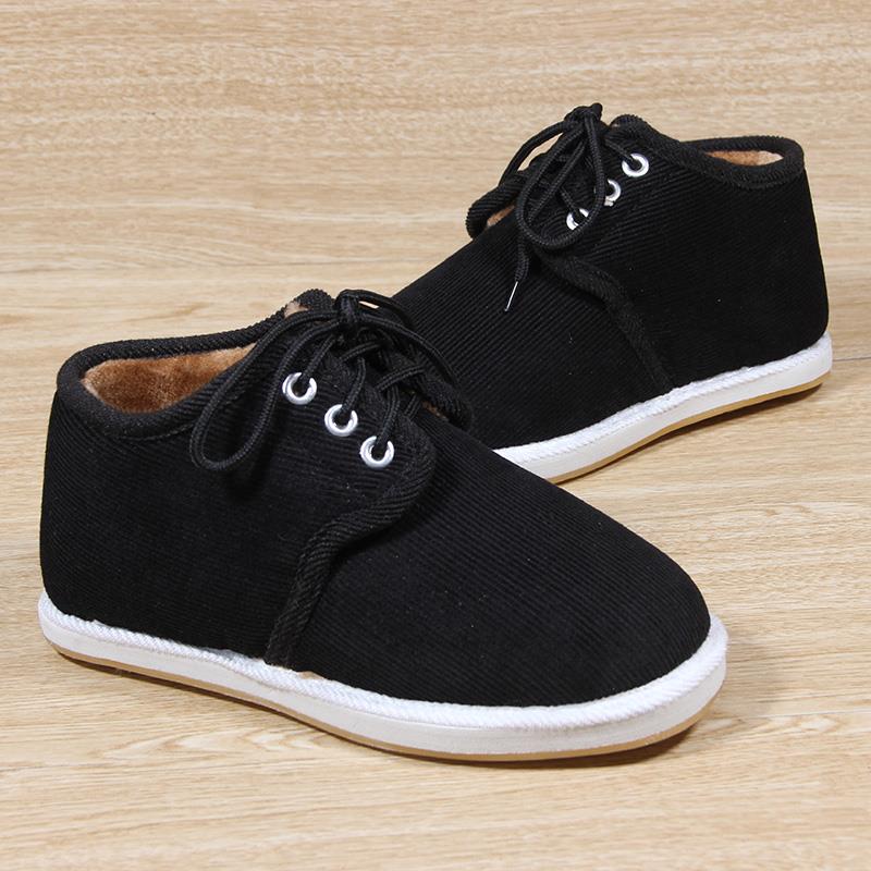 老北京布鞋男女冬季系带黑色加绒保暖棉鞋中老年泡沫底居家布棉鞋