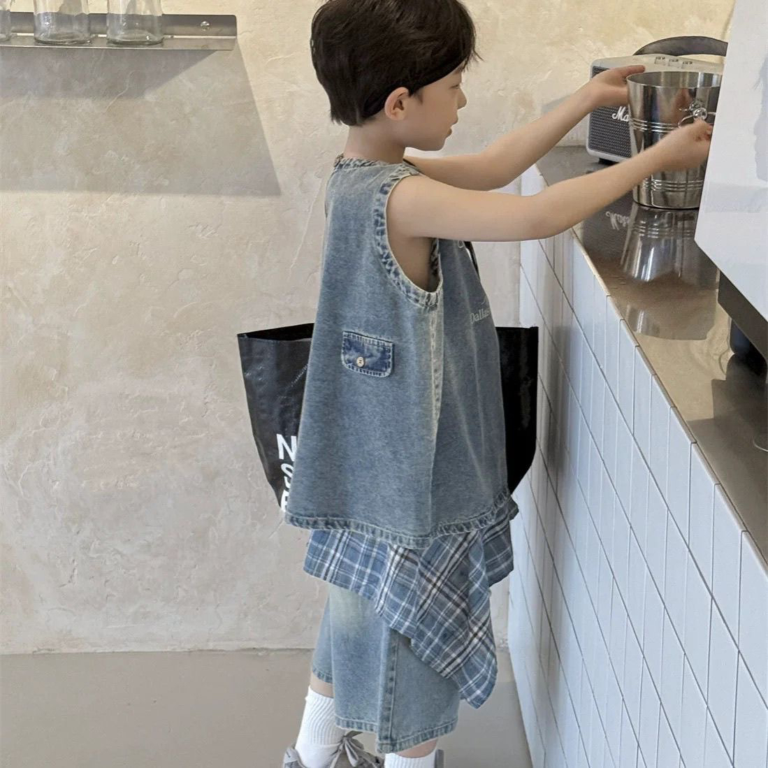 男童夏季新款背心套装透气男童韩版软牛仔牛仔背心五分裤两件套潮