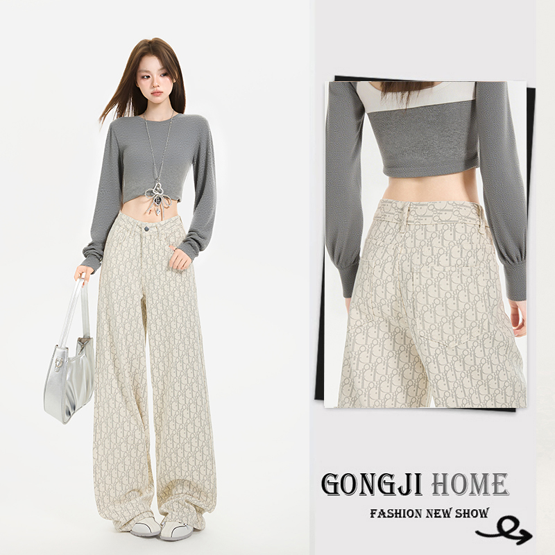 水洗拖地裤显瘦提花长裤裤子高腰秋冬印花窄版阔腿直筒女牛仔裤