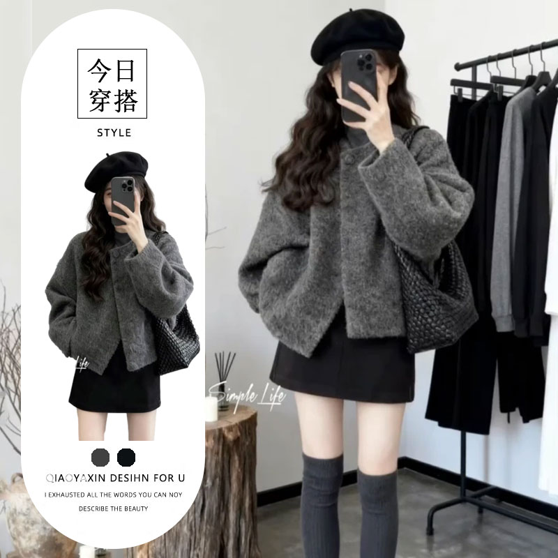 深冬灰色呢子大衣女入冬季2025年新款毛呢外套独特超好看短裙套装