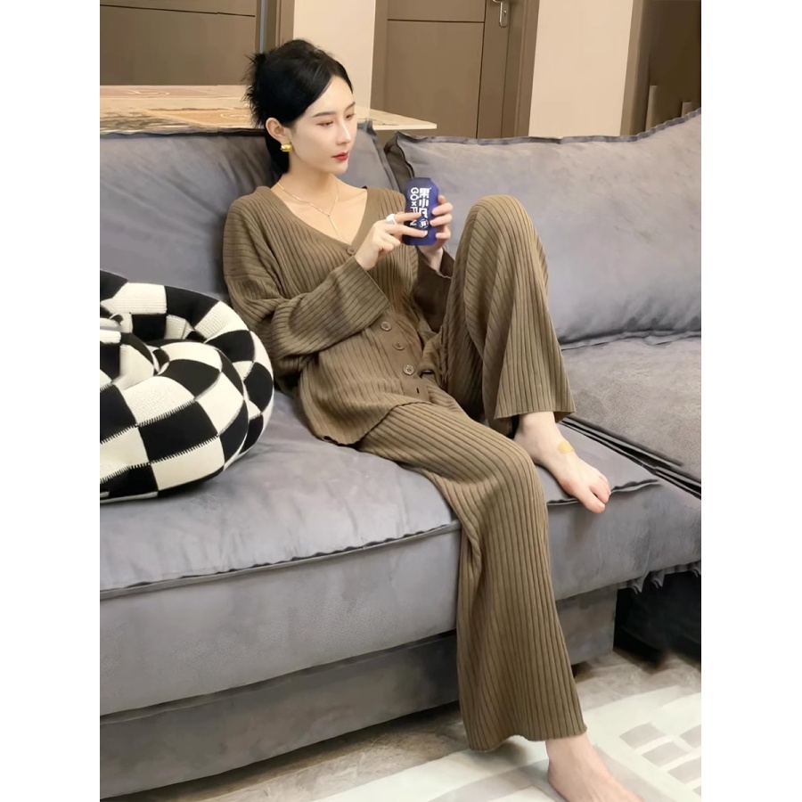 小众设计感慵懒风休闲套装女V领毛衣高腰阔腿拖地裤针织两件套