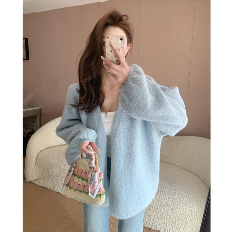 新款树皮纹工艺泡泡袖针织开衫女2025春秋慵懒风宽松百搭上衣外套