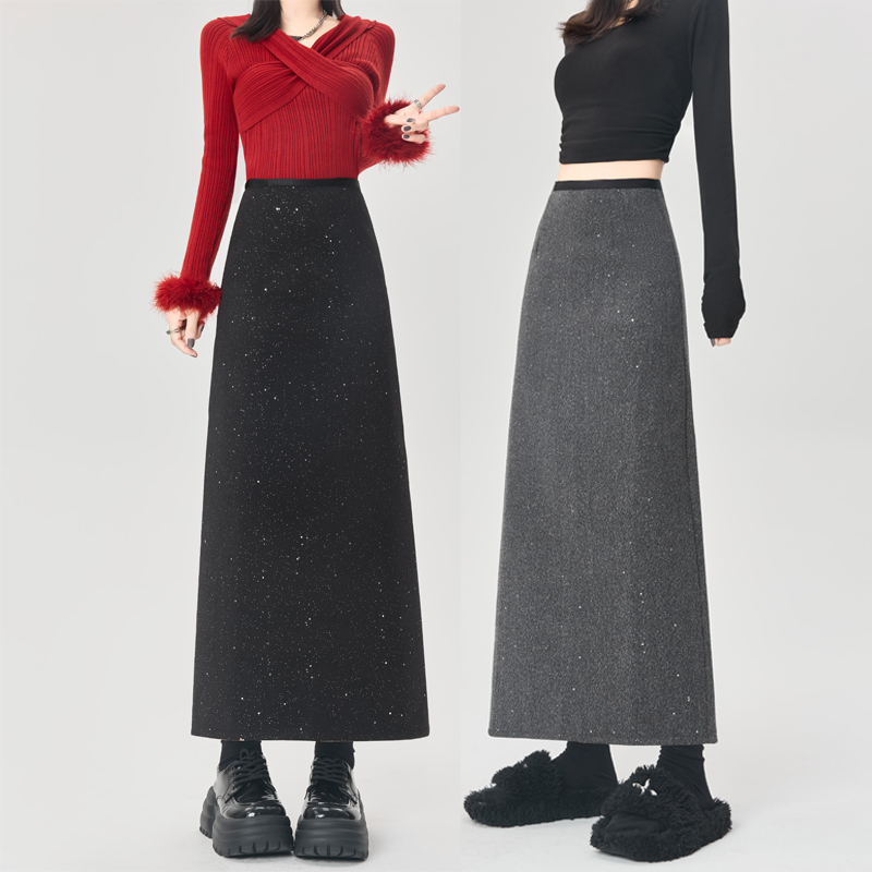 高个子星星闪闪毛呢半身裙长裙秋冬款大码开叉高腰显瘦A字包臀裙