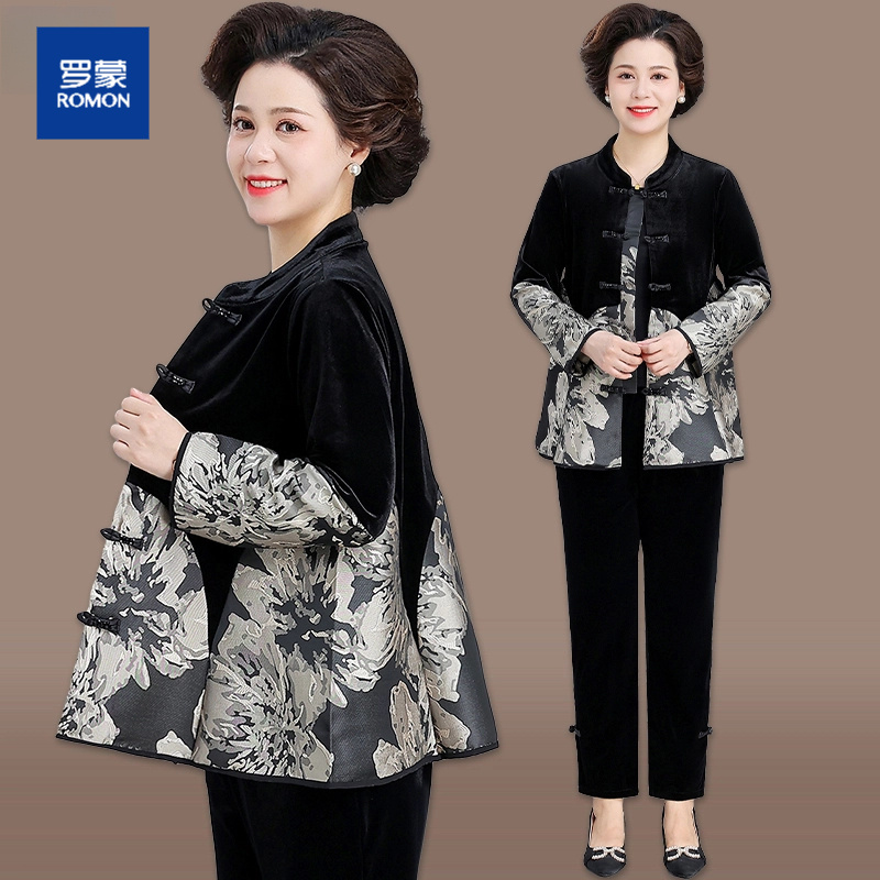 罗蒙新中式妈妈秋装金丝绒外套中老年大码宽松时尚春秋国风上衣
