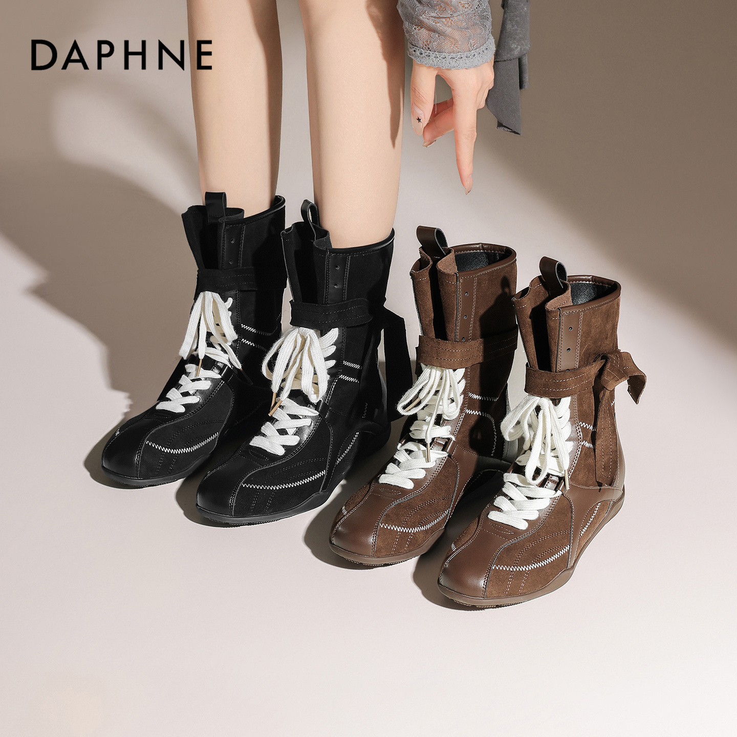 达芙妮休闲复古百搭内增高马丁靴女英伦圆头系带运动靴短靴时尚靴