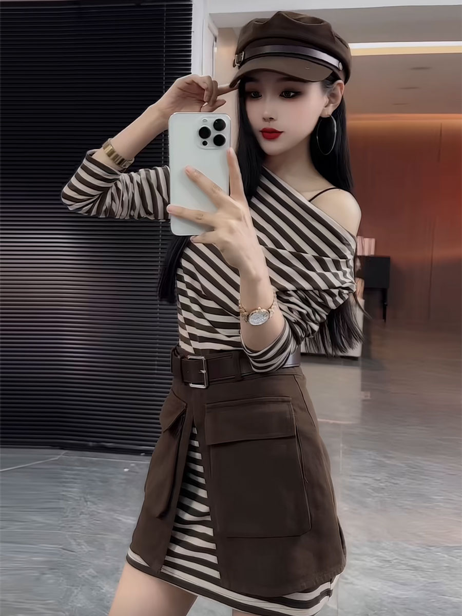 欧货时尚高级感露肩条纹连衣裙女2025秋季设计感显瘦腰封上衣套装