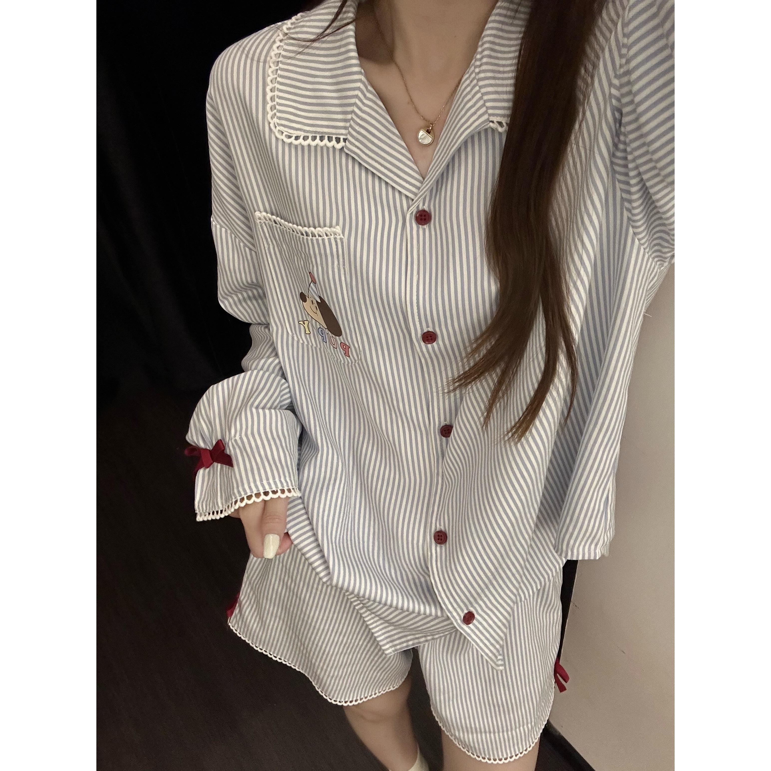 韩版可爱甜美少女感简约条纹睡衣女可爱印花长袖短裤家居服可外穿