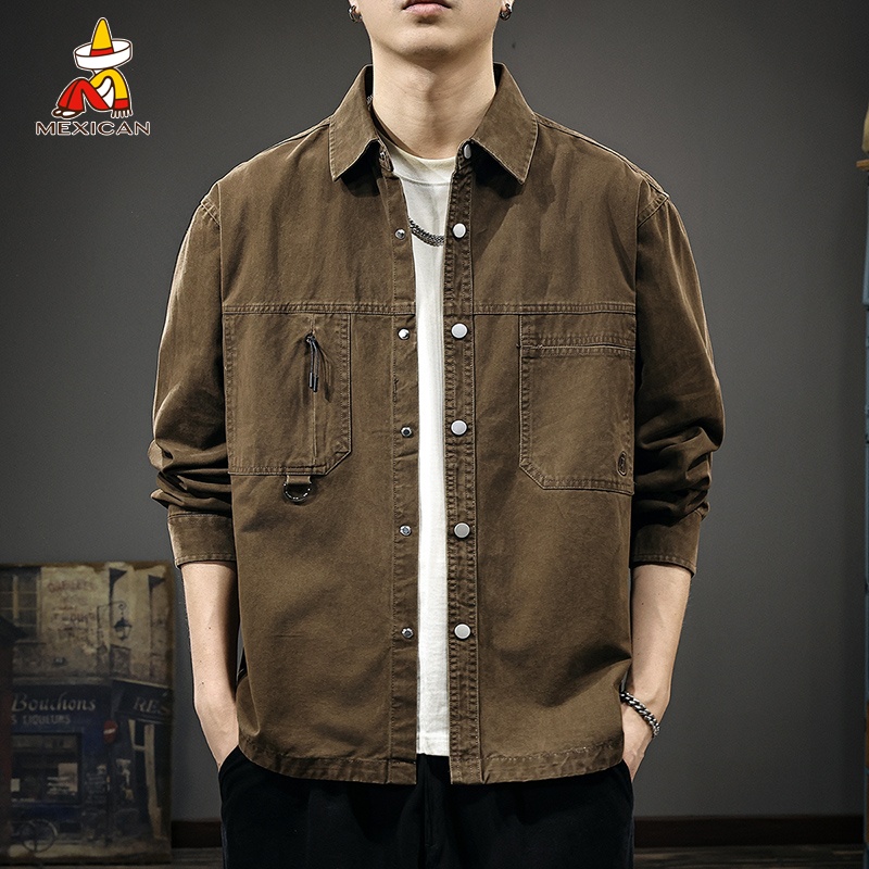 Mexican/稻草人美式工装长袖衬衫男士秋季新款休闲百搭衬衣外套潮