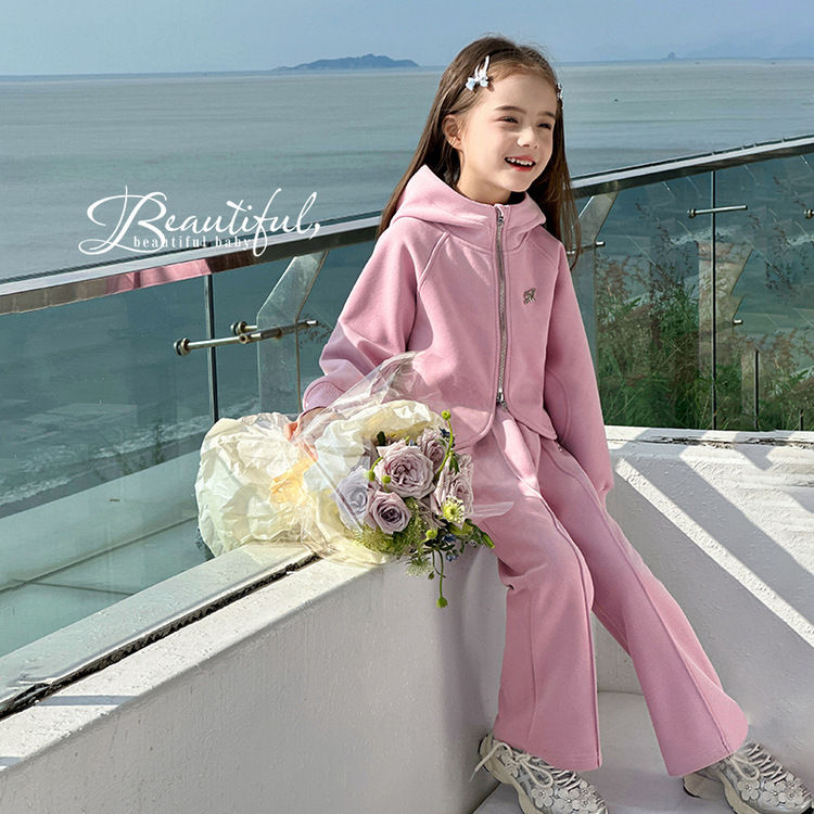 图图小象女童套装2025春季新款纯色休闲时尚运动连帽外套休闲裤潮