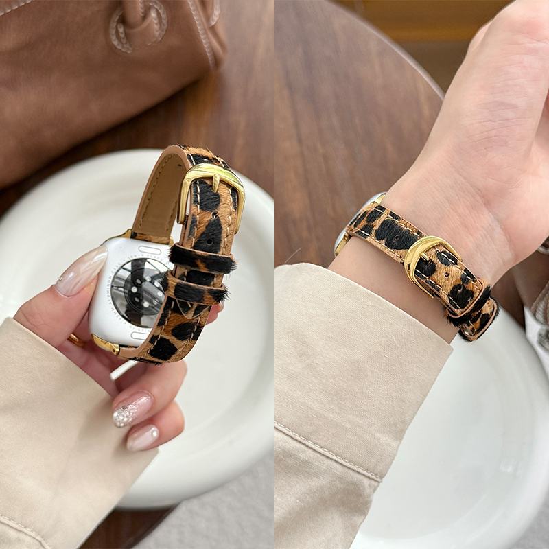 适用苹果手表iwatchS10表带创意S9女SE细款Ultra豹纹S8真皮S7小众