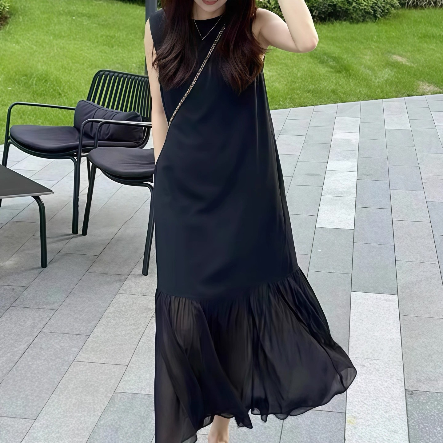 【小个子定制】黑色法式高级感网纱拼接醋酸无袖连衣裙女背心长裙