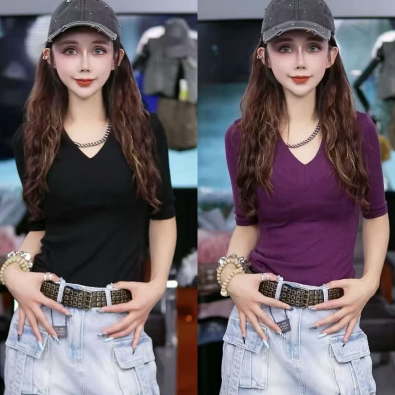 星宝定制新款美式辣妹V领中袖T恤女设计款修身显瘦洋气百搭T