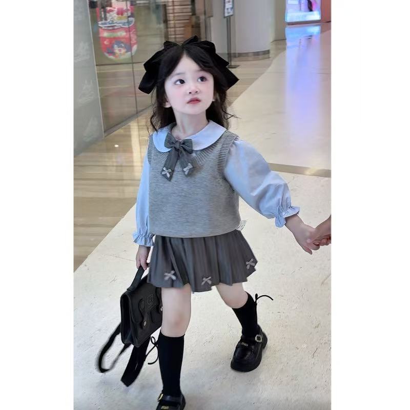 女童学院风套装2025秋装新款儿童公主裙针织马甲宝宝衣服秋季童装