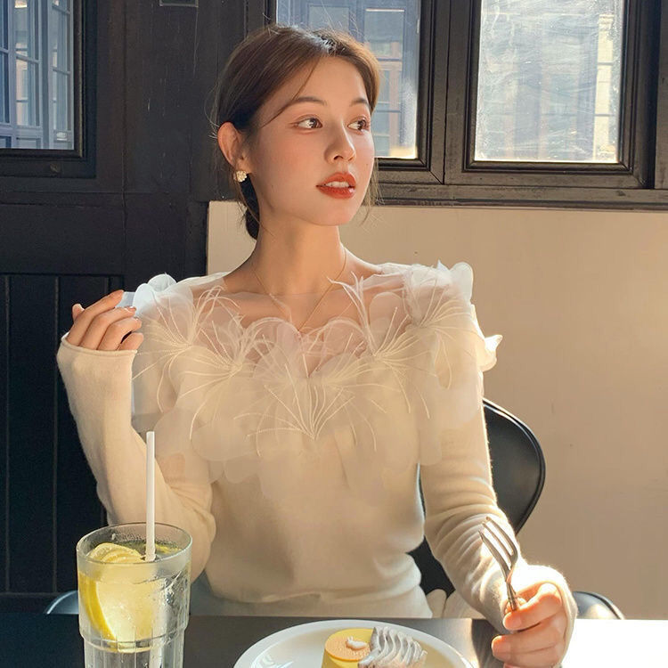 法式立体花朵长袖别致打底早秋新款设计修身T恤显瘦绝美洋气上衣
