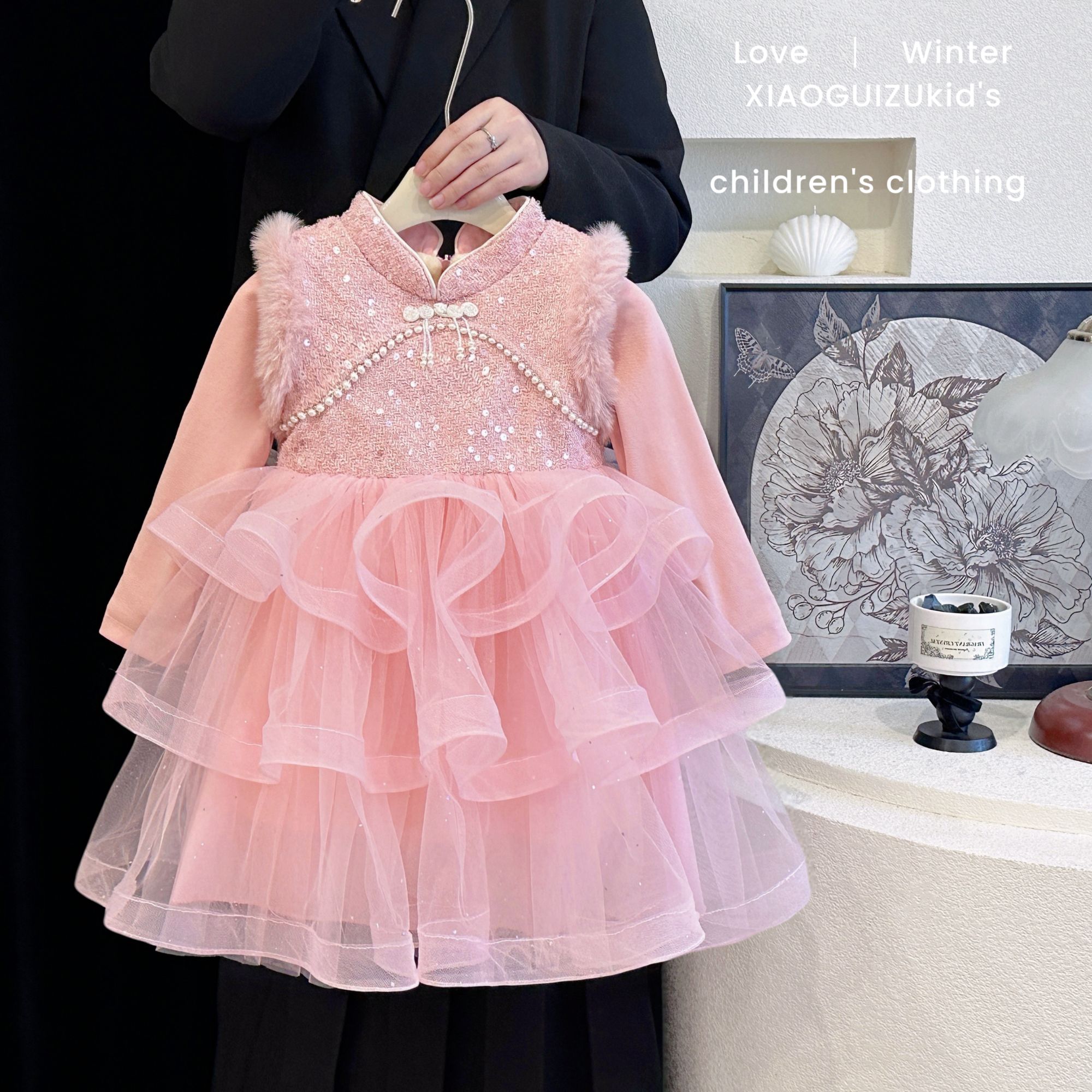 女童洋气新中式加绒公主裙秋冬女宝宝长袖网纱裙中国风拜年服冬装