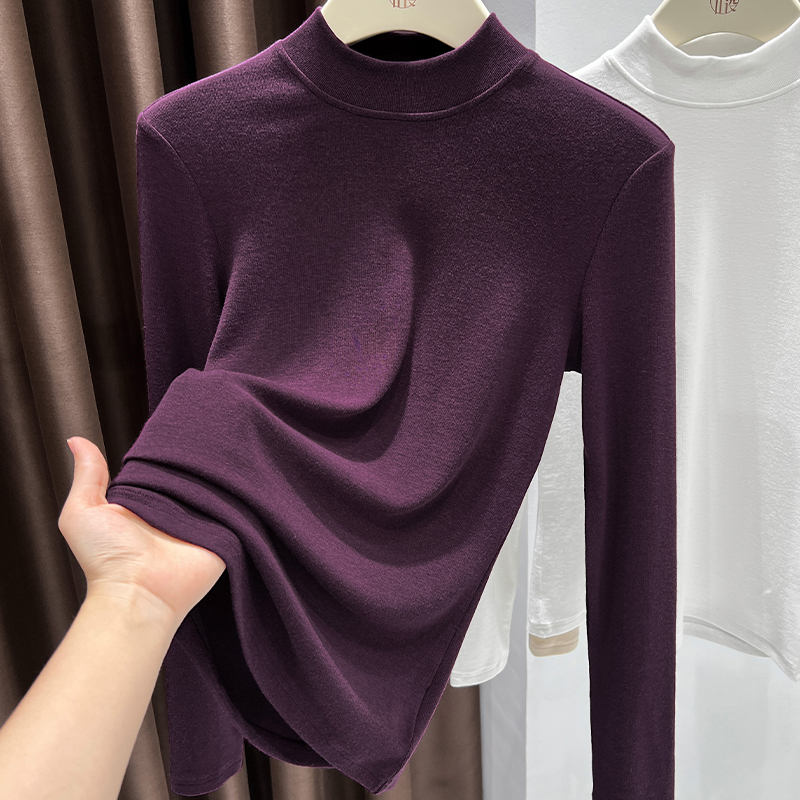 半高领微透针织修身打底衫秋季新款软糯长袖简约上衣薄款内搭T恤