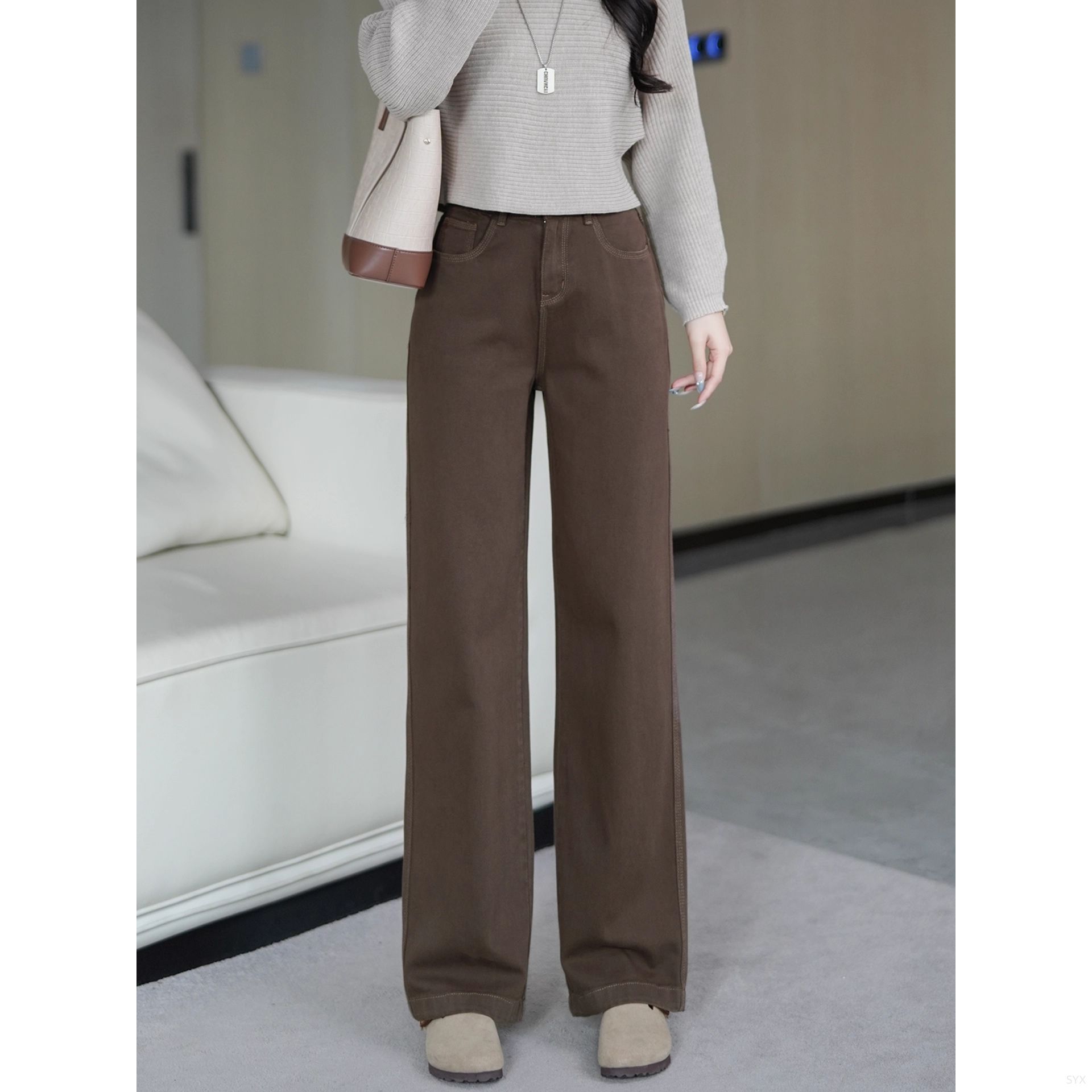 拉夏贝尔【杨幂同款】美拉德咖色加绒加厚牛仔裤女秋冬季小个子高