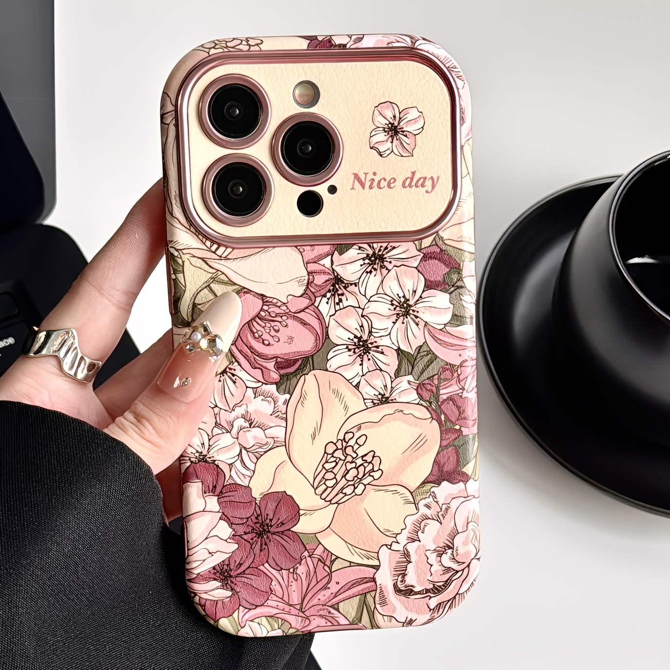 油画复古花瓣适用iphone16pro手机壳苹果15皮质大视窗14/13套防摔
