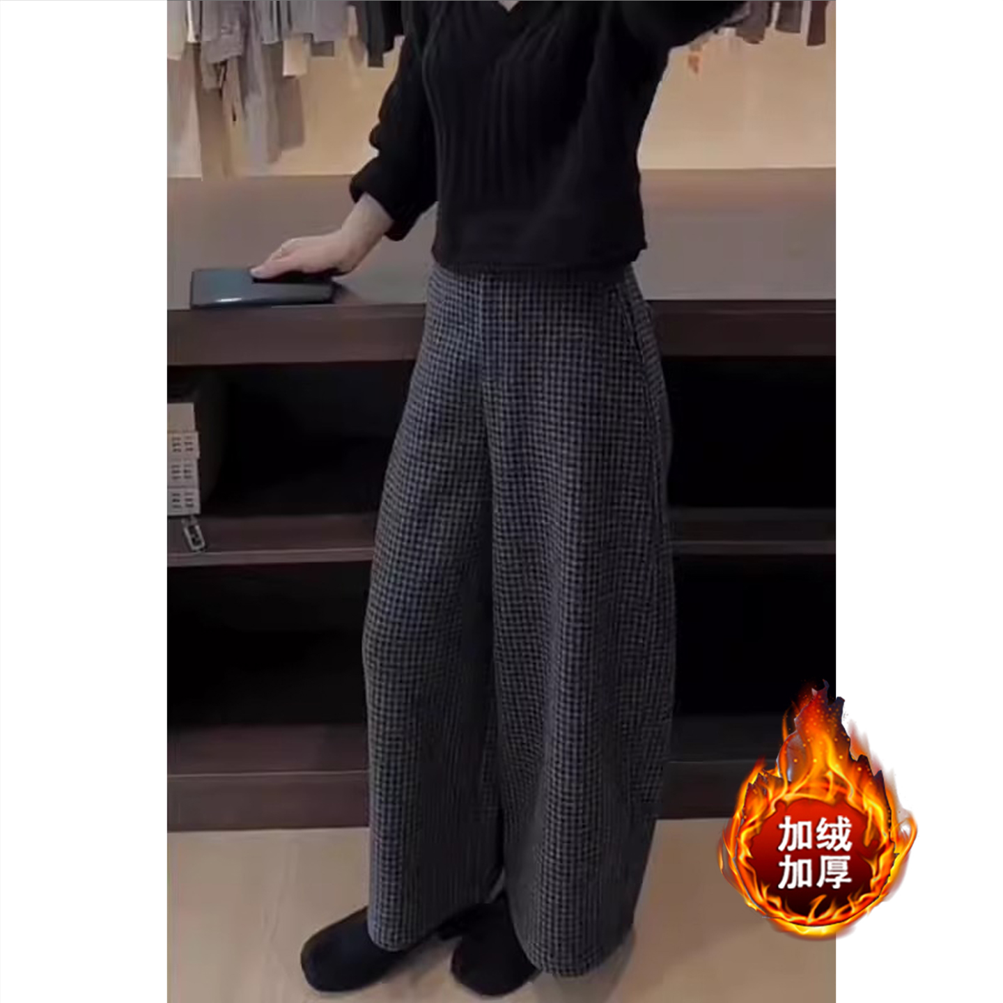 秋冬加绒加厚新款爆款奶奶裤子毛呢洋气时尚宽松休闲格子阔腿裤
