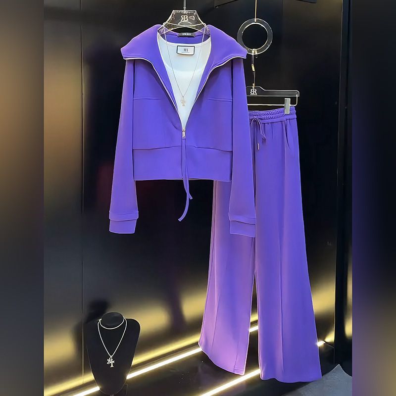新款春季紫色运动套装女2025时尚减龄拉链开衫冬季搭配一整套女装