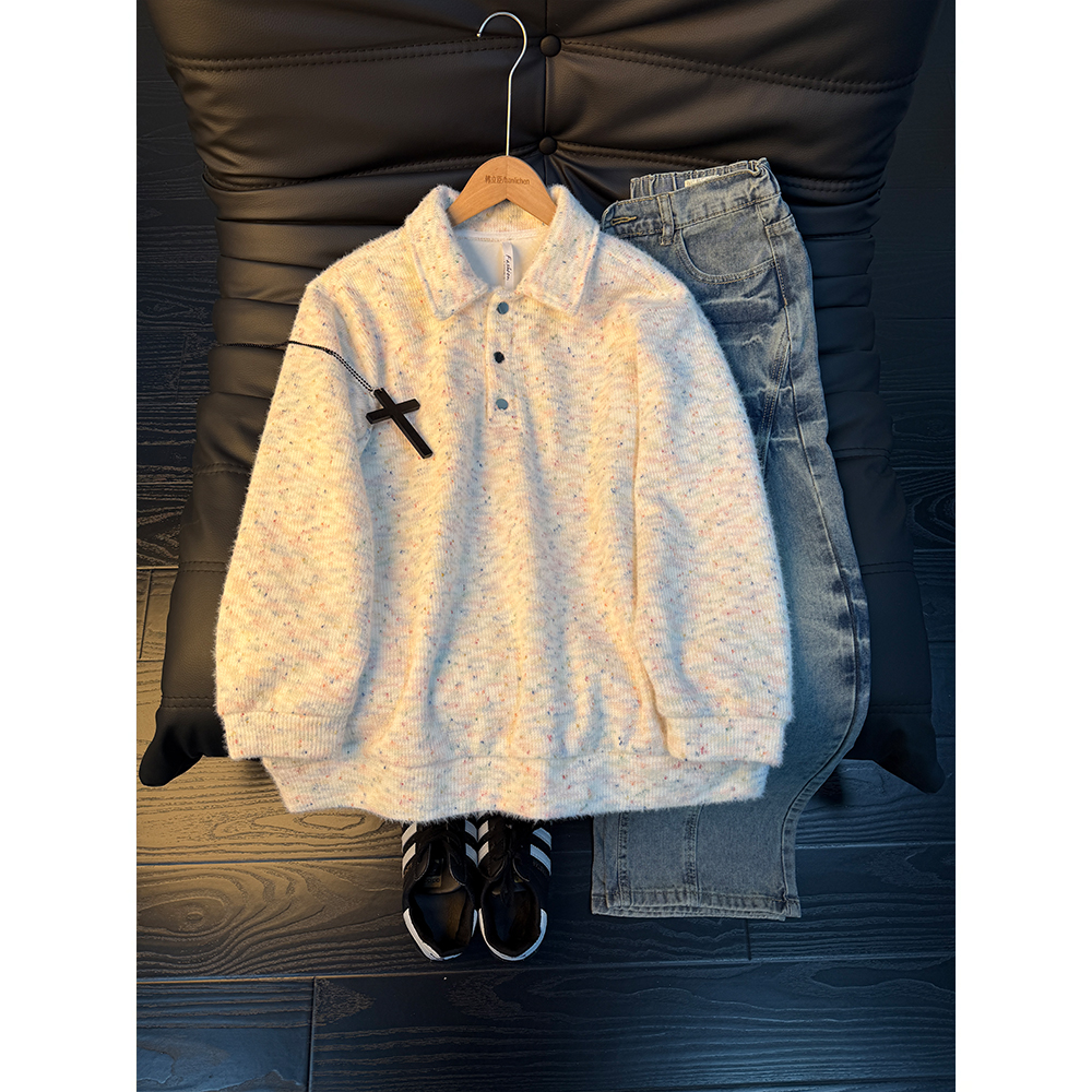 美式复古彩色polo卫衣男款秋冬季加绒加厚针织衫设计感情侣装外套