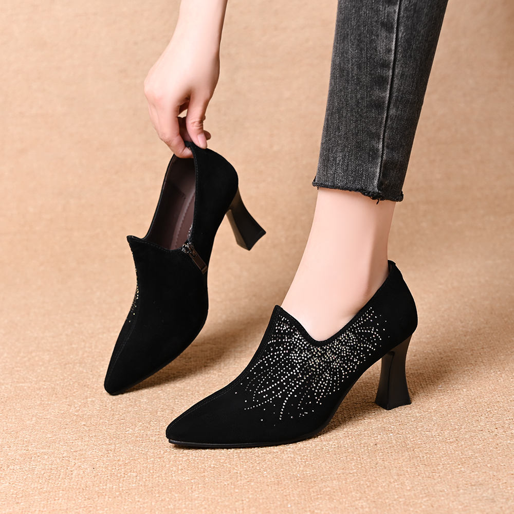 真皮羊皮尖头闪钻深口单鞋女2025春秋新款磨砂气质百搭细跟高跟鞋
