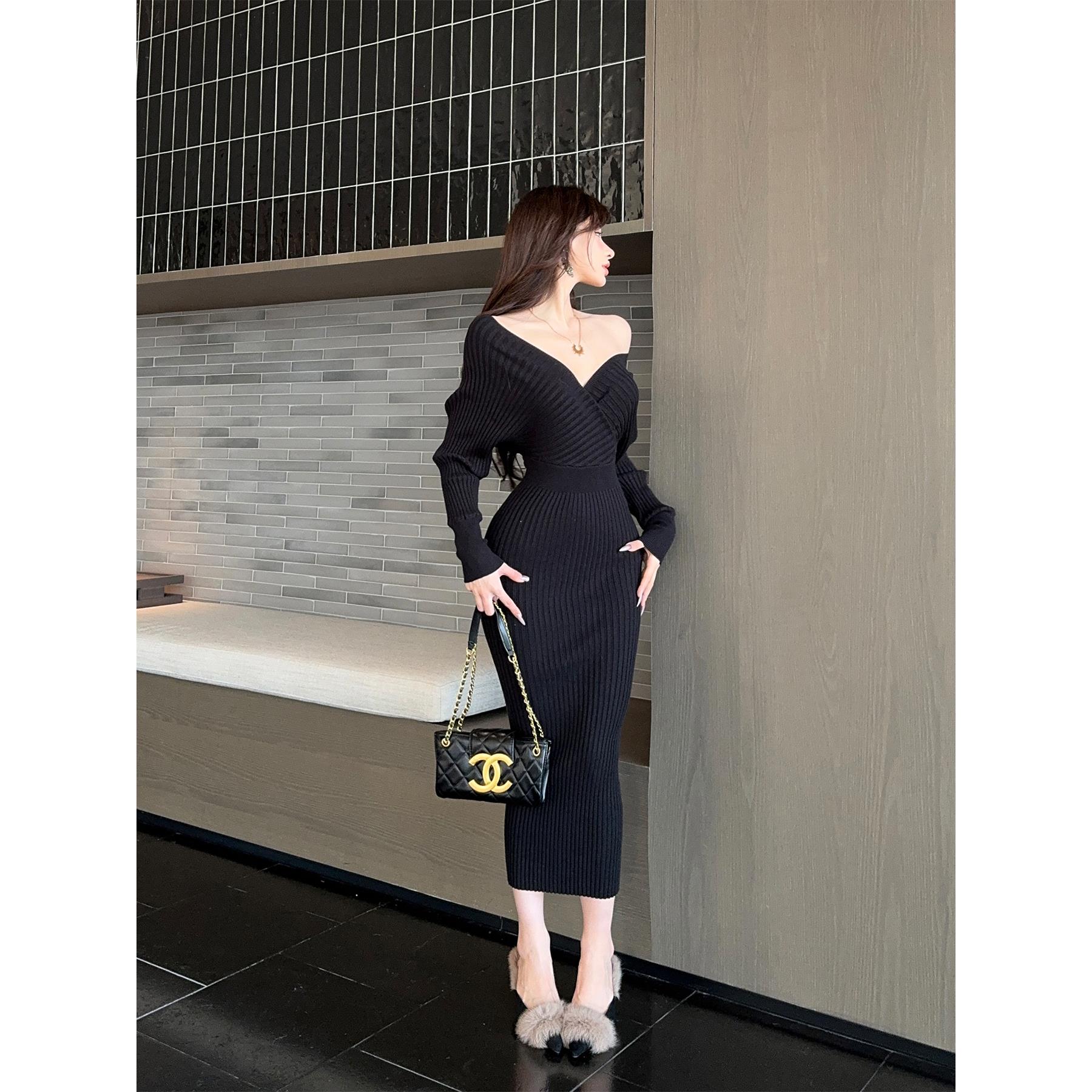 时尚网红范V领针织女装2025春季法式修身长袖包臀长款洋装裙