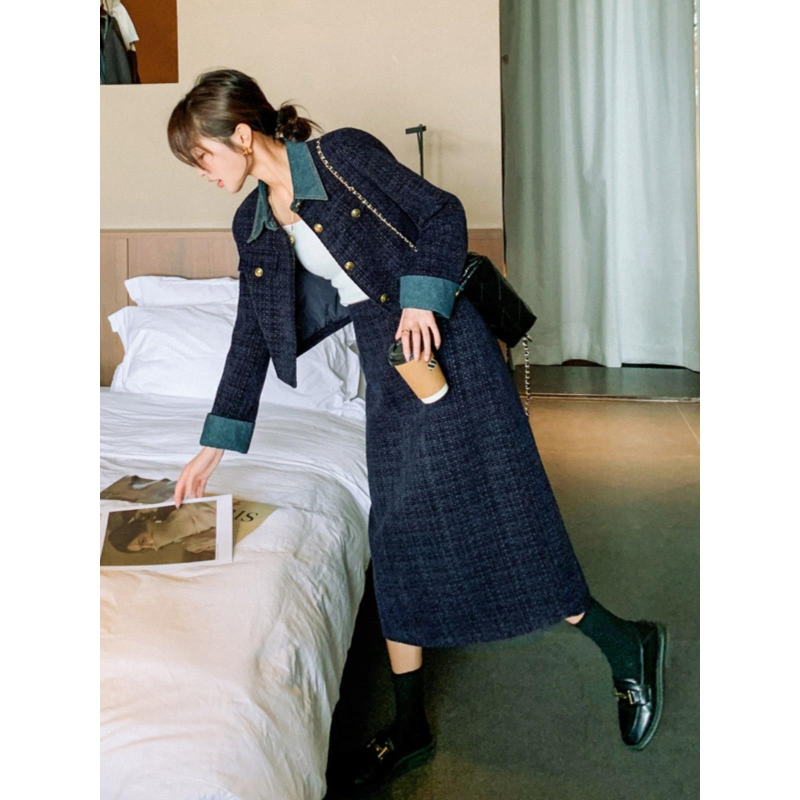 牛仔拼接小香风套装2025春秋新款盐系轻熟风高腰a字半身裙两件套