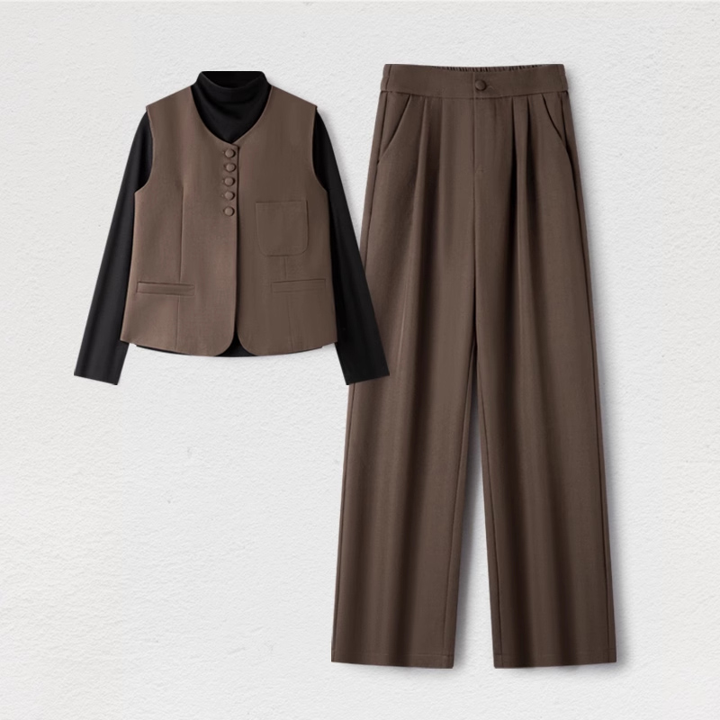 拉夏贝尔时尚套装女2025春秋新款气质打底衫马甲高腰微喇裤三件套