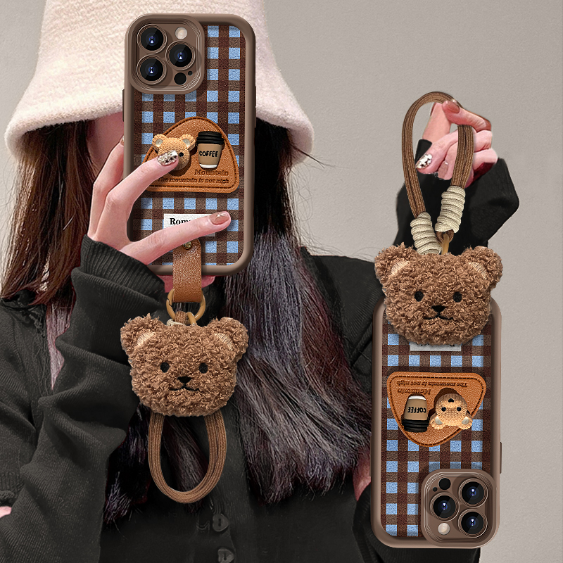 咖啡熊支架适用于苹果16promax天眼羊皮手机壳华为vivo/oppo小米