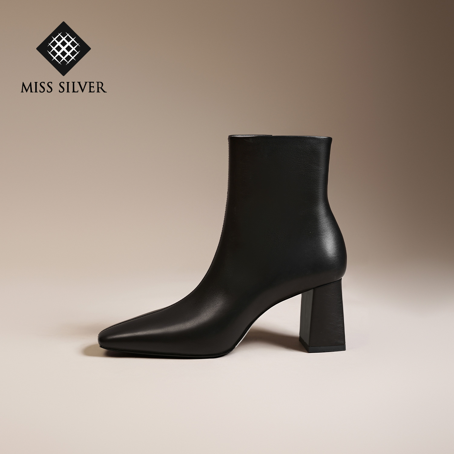 MISSSILVER法式方头瘦瘦靴冬季时装靴黑色筒靴瘦瘦靴短靴方头