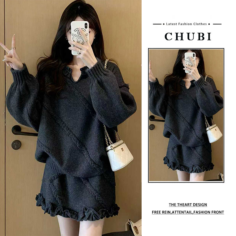 V领设计感毛衣花边短裙宽松两件套2025秋冬新款慵懒风针织套装女