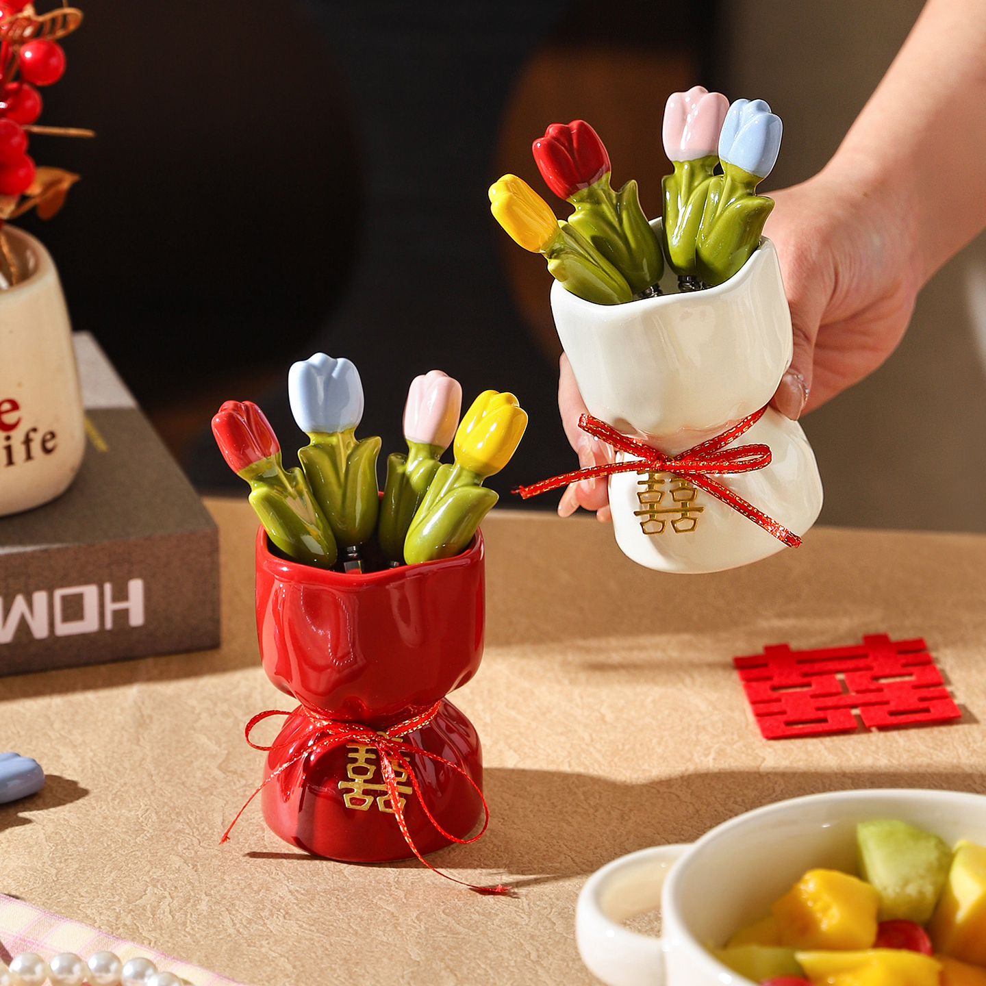 舍里高颜值创意花束不锈钢水果叉家用精致水果叉子陶瓷果叉收纳罐