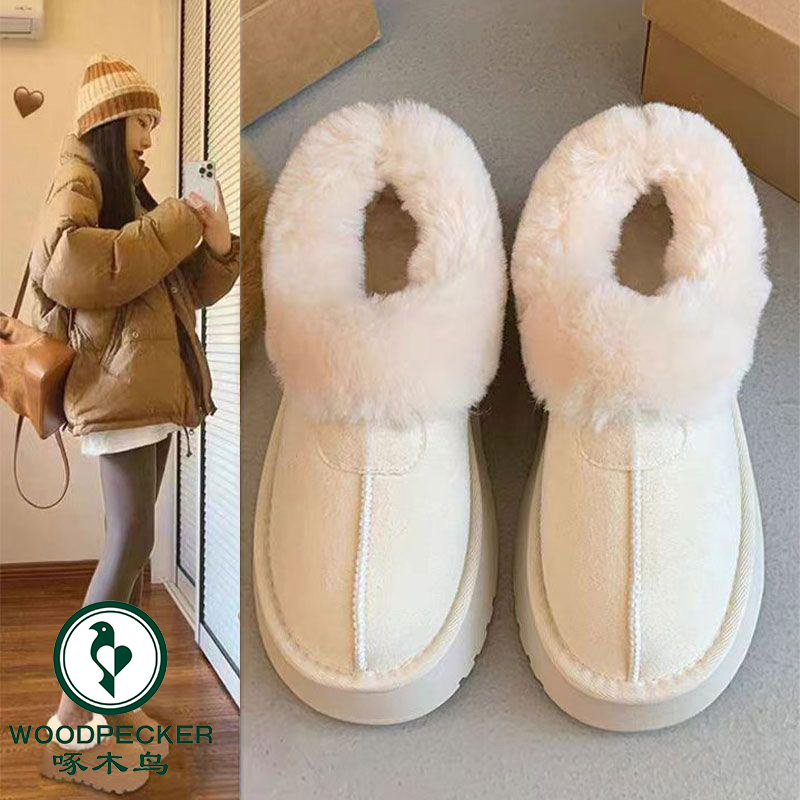 啄木鸟白色厚底皮毛一体雪地靴女2025冬季新款加绒加厚毛毛棉鞋