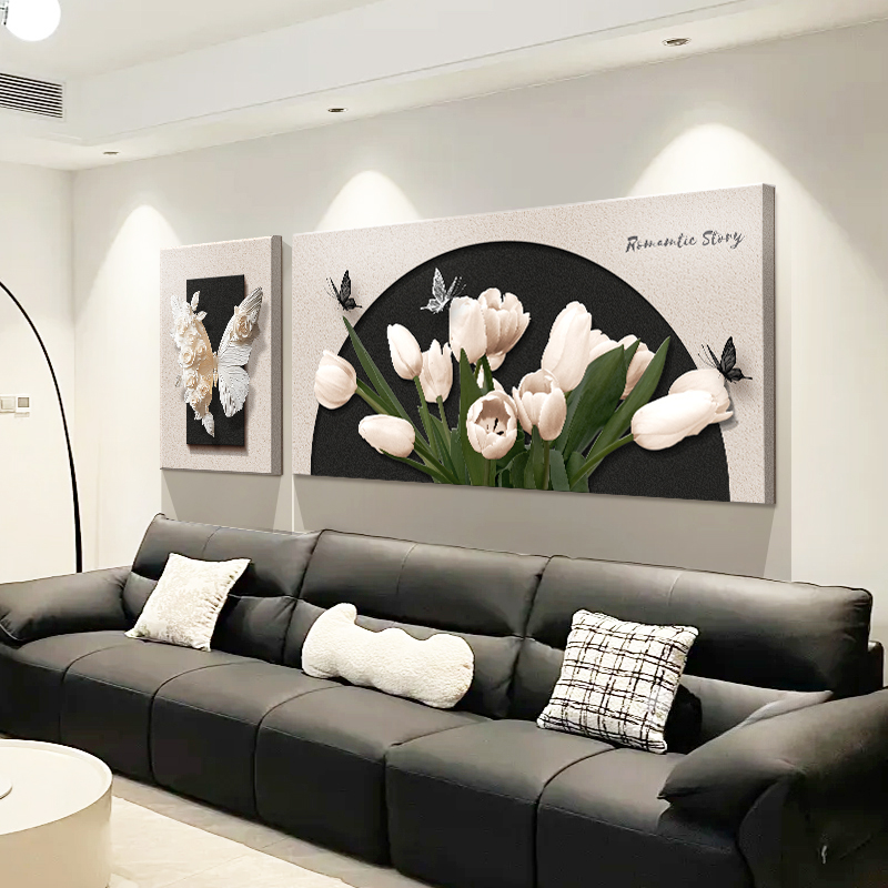 客厅装饰画黑白简约轻奢蝴蝶花卉组合墙壁画高级感沙发背景墙挂画
