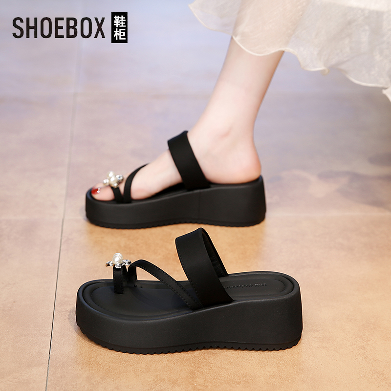SHOEBOX鞋柜法式松糕厚底凉拖鞋2025夏季新款轻便套趾水钻凉拖