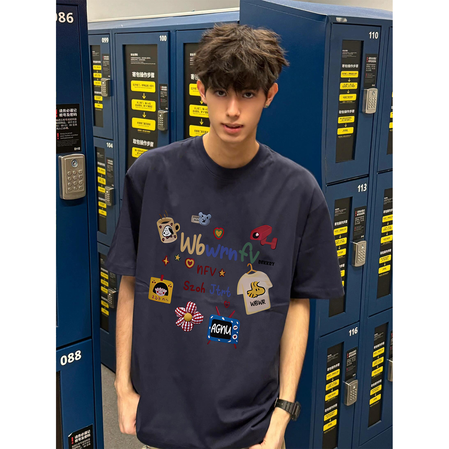 100%纯棉美式设计感图案字母印花短袖t恤男女夏季休闲情侣款上衣