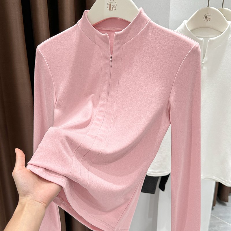 半拉链立领针织长袖t恤女2025秋季新款甜美打底衫多巴胺粉色上衣