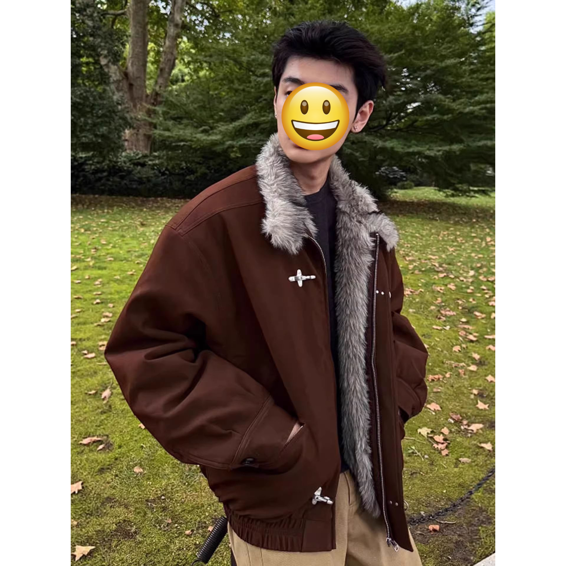 人夫感保暖飞机扣棕色座山雕棉服男款冬季加厚高级感痞帅棉衣外套
