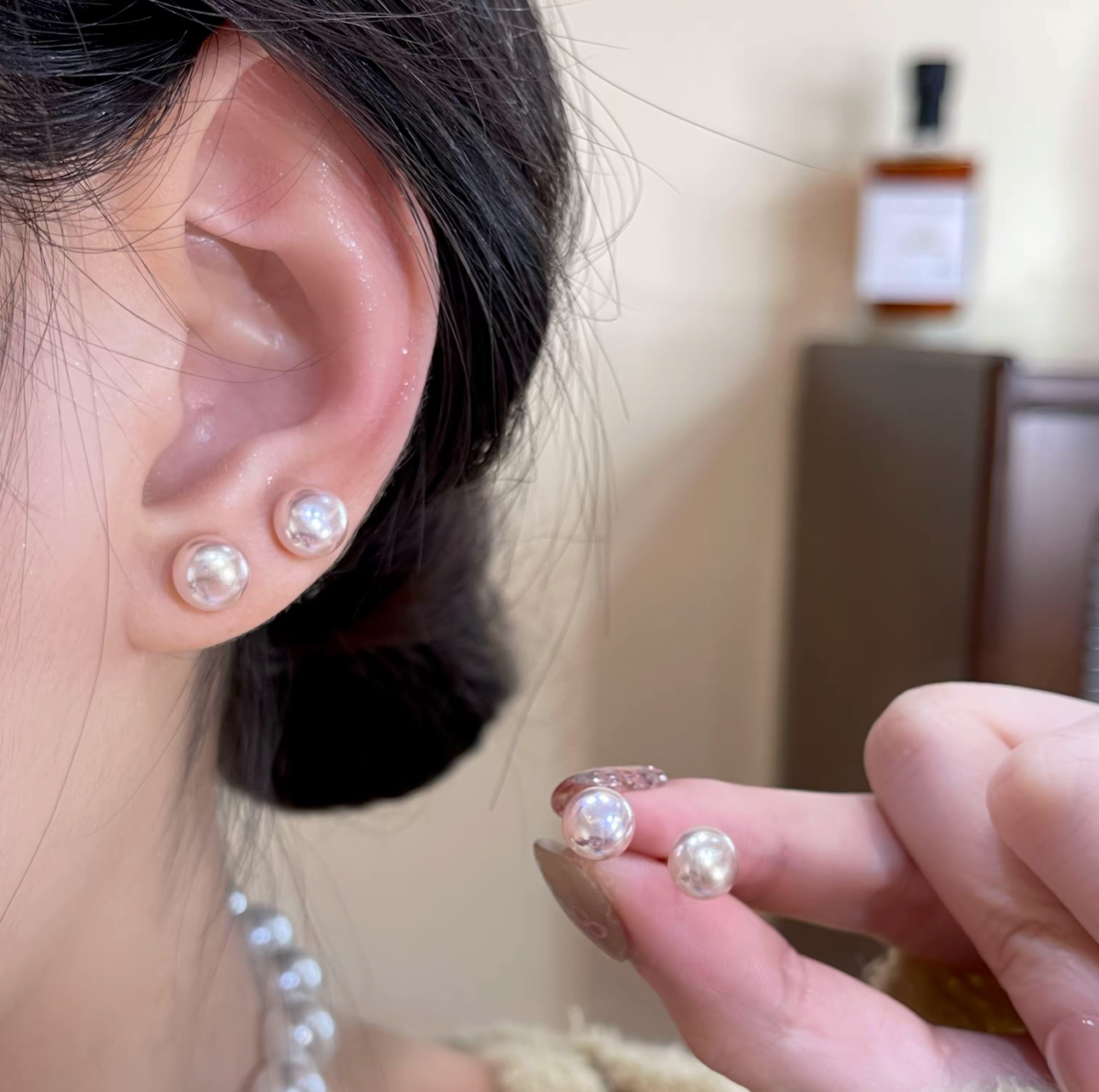 铜合金耳饰 许妍同款秋冬耳钉简约百搭粉色馒头珠珠A-14时尚耳钉