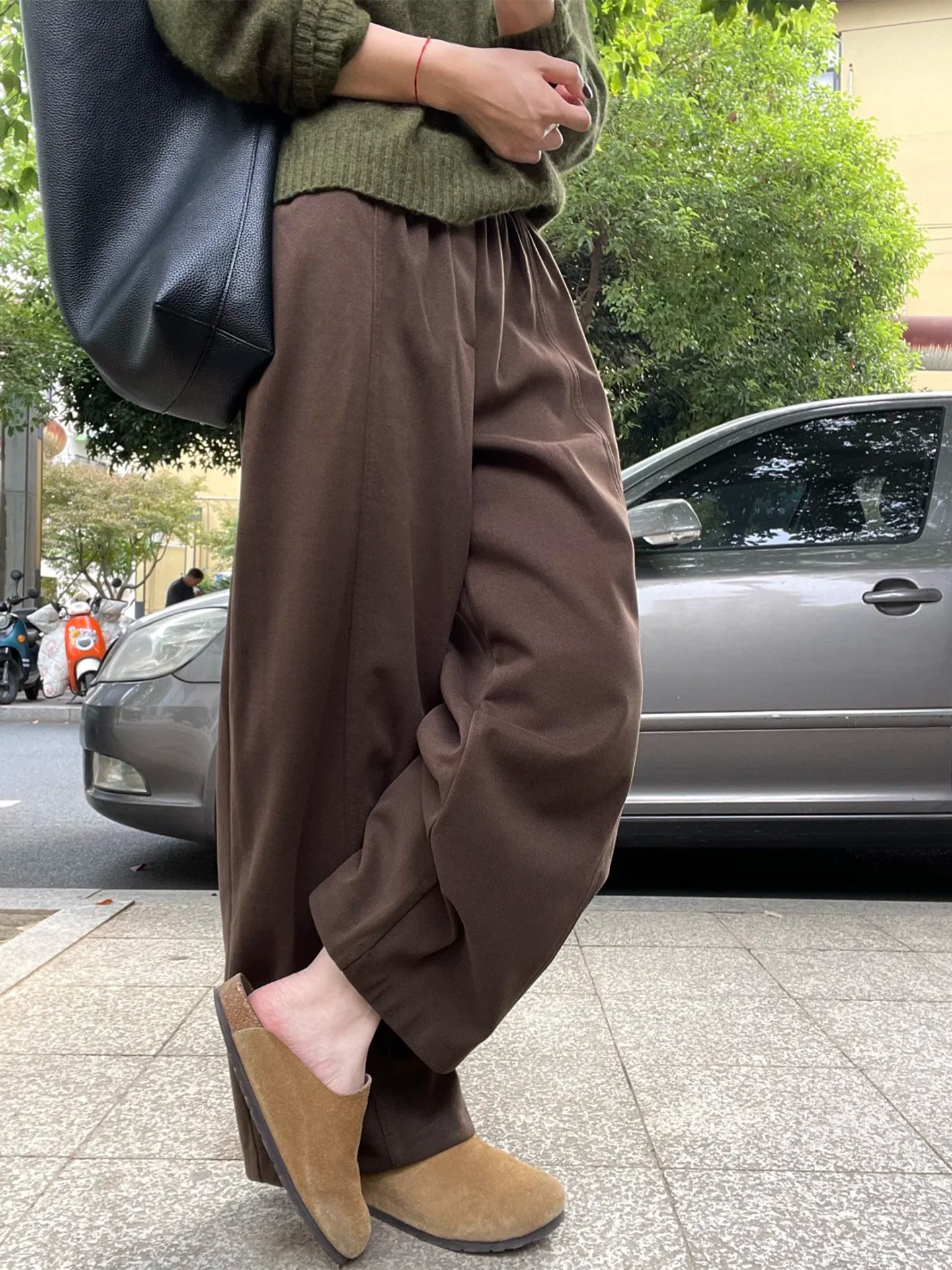 咖色加绒加厚毛呢休闲裤秋冬新款大码胖mm宽松显瘦今年流行梧桐裤