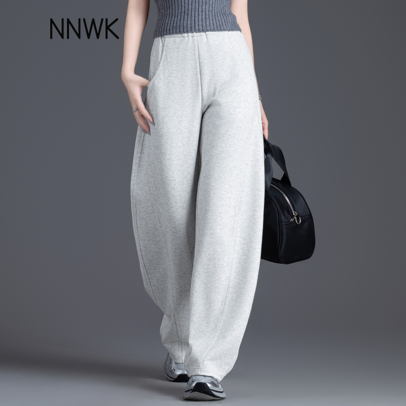 米灰休闲裤女2026春秋新款弯刀裤香蕉运动裤松紧腰卫裤显瘦阔腿裤