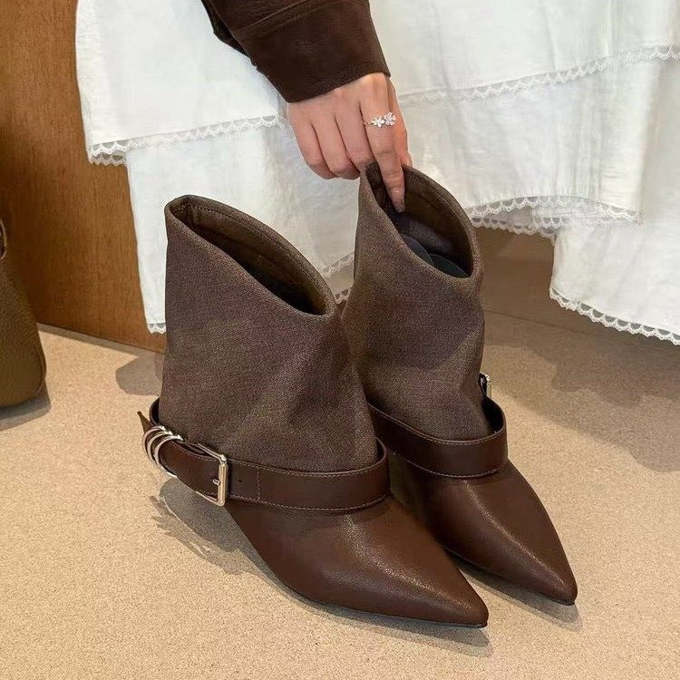 复古时髦！棕色尖头拼色裤管短靴女低跟2025秋冬新款时尚女靴子