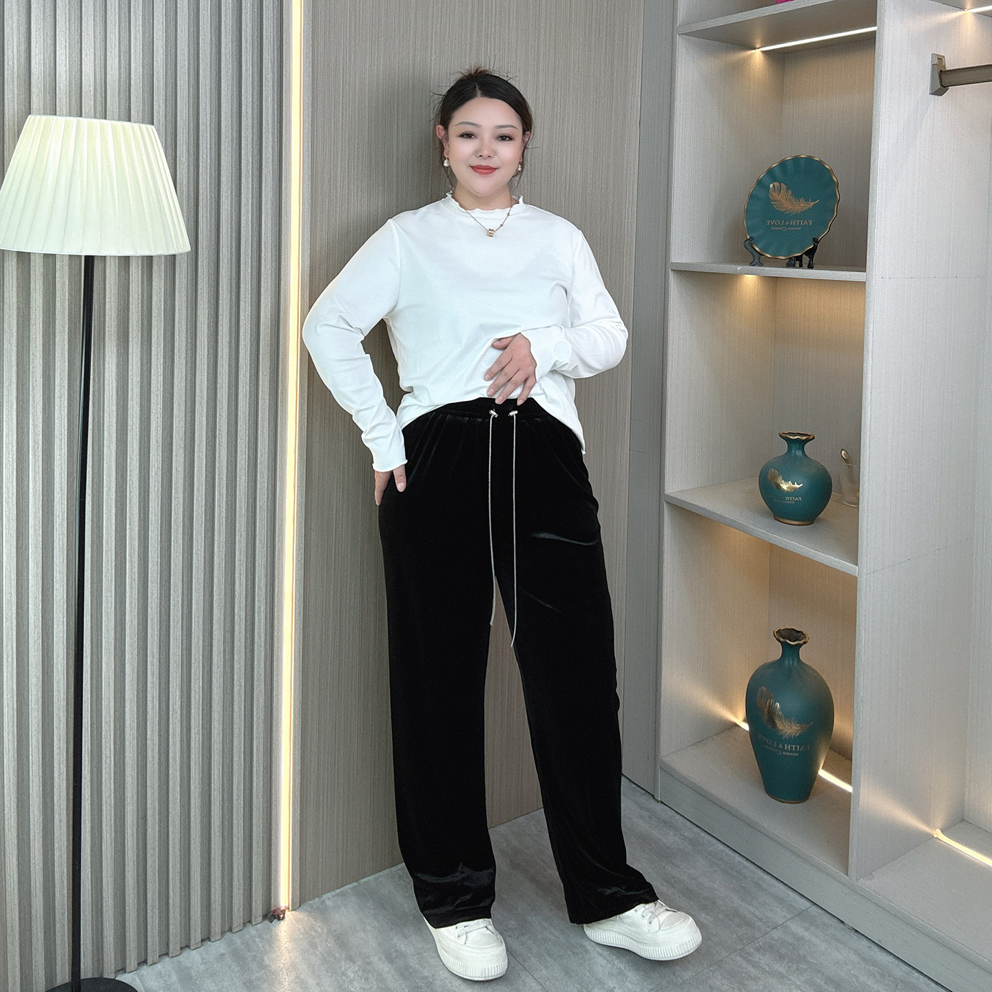 金丝绒裤子女春秋季新款大码胖mm高腰垂感宽松显瘦直筒休闲阔腿裤