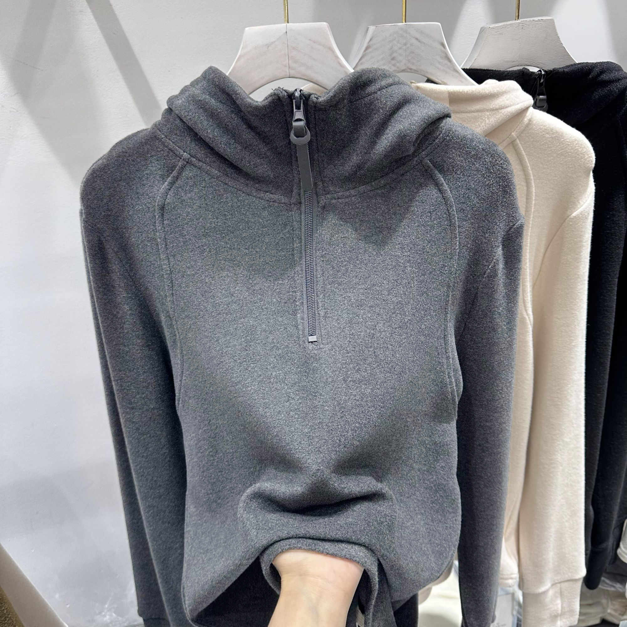 韩版加厚德绒韩版连帽半拉链磨毛打底衫女秋冬季时尚百搭宽松上衣