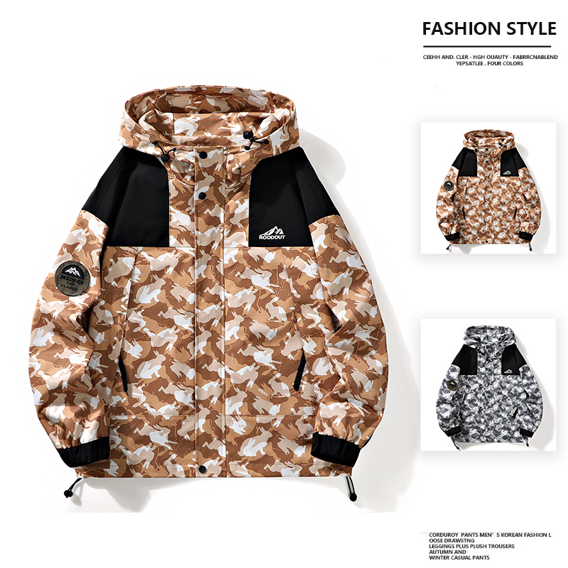 港风连帽春秋2025新款加肥加大码宽松潮牌迷彩连帽户外冲锋衣夹克