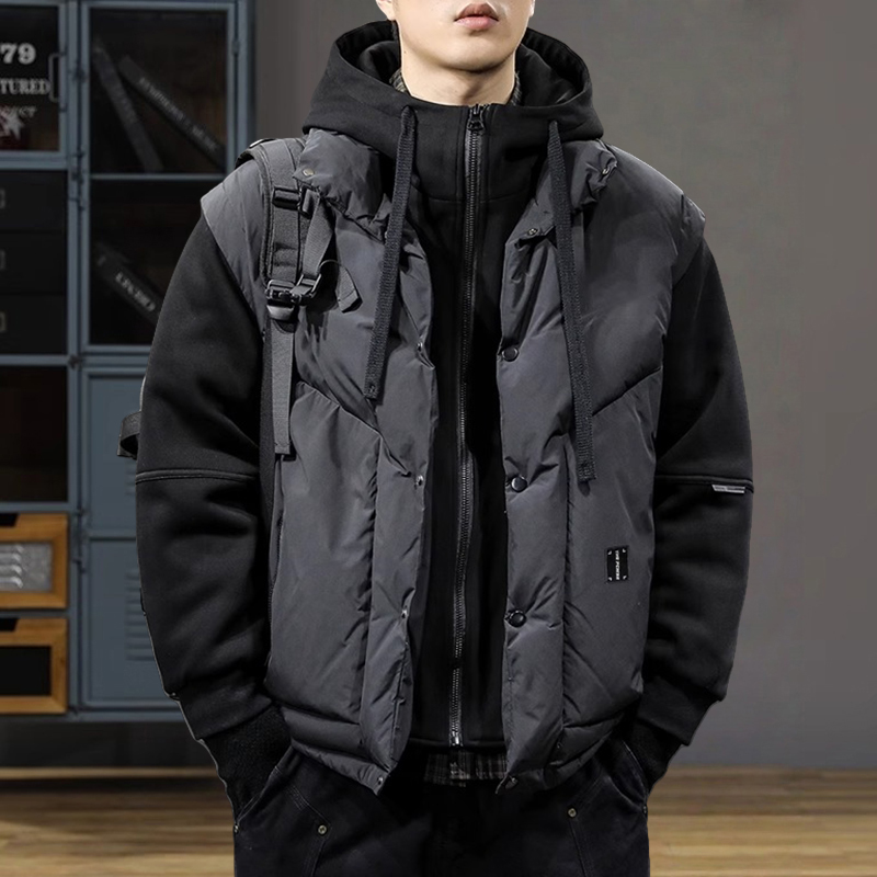 冬季潮牌假两件连帽羽绒服男大码宽松加厚保暖ins拼接80%鸭绒外套